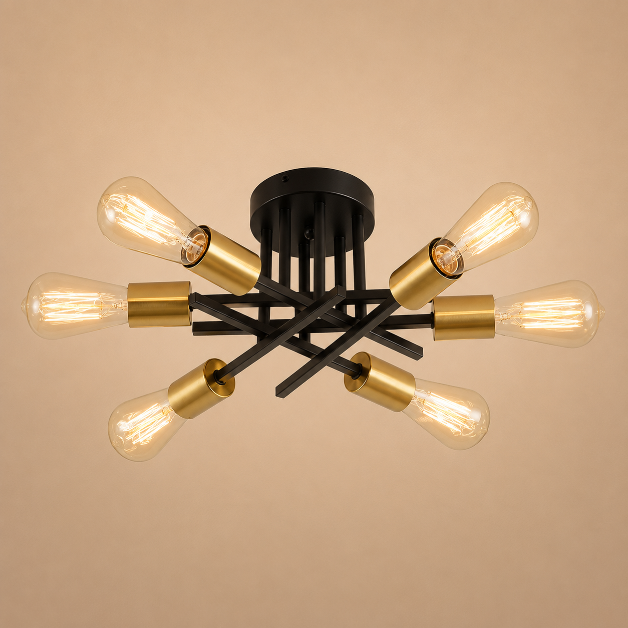 Modern Sputnik Chandelier – Semi Flush Mount Mid-Century Ceiling Light Fixture, Black &amp; Gold, 2/4/6-Light Options for Living Room, Bedroom, Dining Room