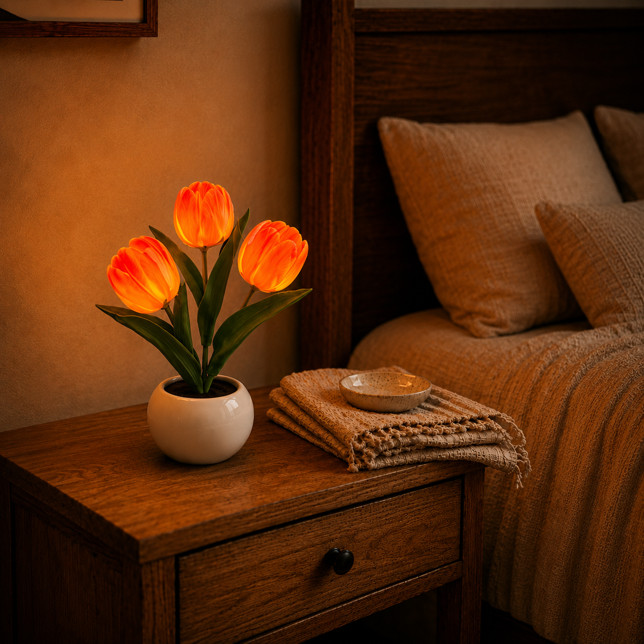 Ceramic Tulip LED Night Lamp – Rechargeable Battery Table Light, Decorative Flower Nightlight for Bedroom, Living Room, Home Decor Gift