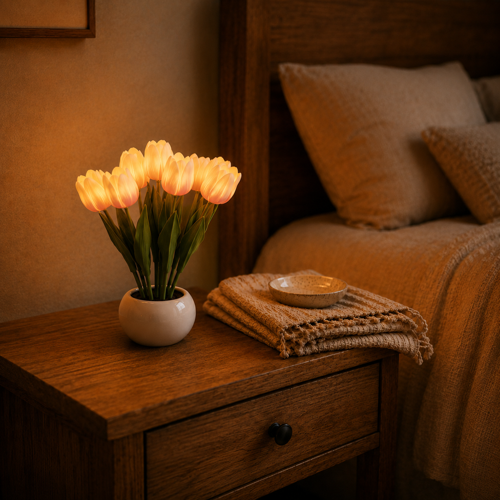 Ceramic Tulip LED Night Lamp – Rechargeable Battery Table Light, Decorative Flower Nightlight for Bedroom, Living Room, Home Decor Gift